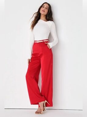 Lulus Modern Approach Red Satin Wide-Leg Pants Size L NWT